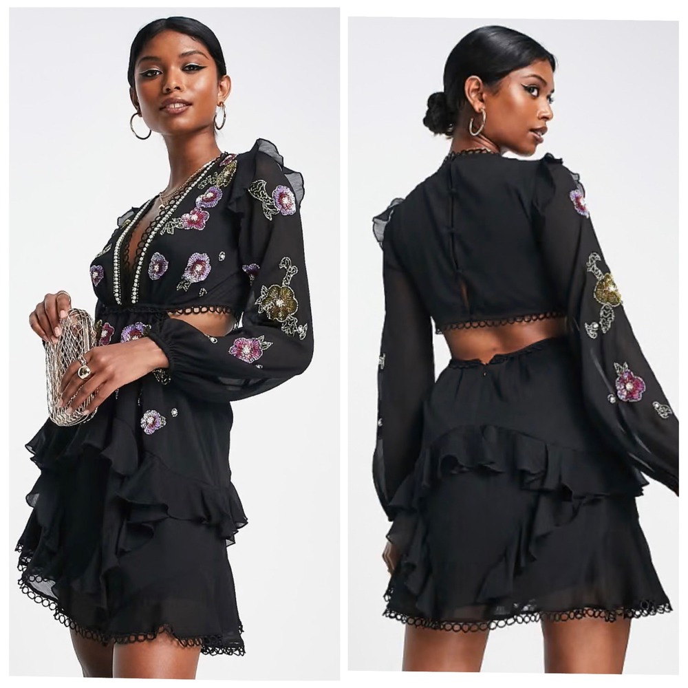 ASOS DESIGN Soft Ruffle Black Floral Sequin Embellished Cut Out Mini Dress US 8